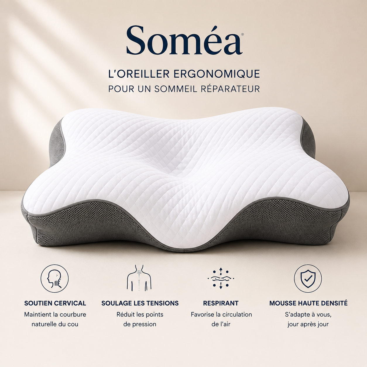 Soméa™ — Oreiller Ergonomique Cervical à Mémoire de Forme